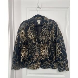 Chicos Black Gold Floral Blazer Jacket Size 2 (US L/12) Textured Career